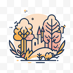 城堡附近的秋季森林，线条插图 