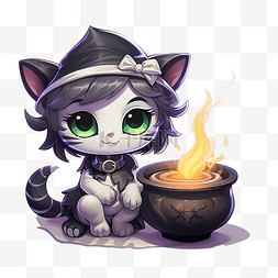 万圣节女巫猫卡通人物和魔锅里的