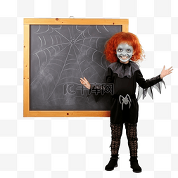 红头发的孩子打扮成蜘蛛，拿着黑