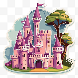 公主与城堡图片_背景有一棵树的卡通城堡贴纸 向