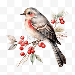 冬天的浆果图片_冬季圣诞鸟，有树枝和浆果