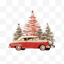 雪景车图片_顶上有树的复古红车圣诞景观卡设