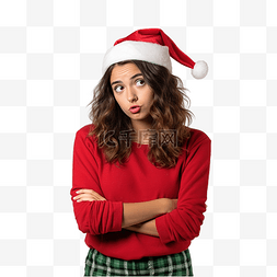 戴着圣诞帽的女孩在孤立的墙上，