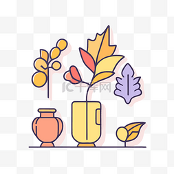 高清图片_带有一些秋叶和花瓶的线条插图 