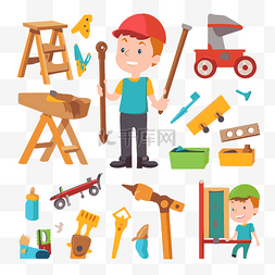 建筑工具图片_装配剪贴画卡通男孩建筑工具和工