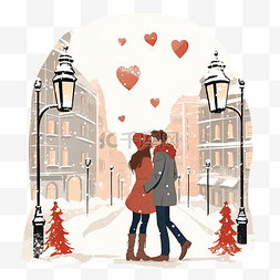 接吻的情侣图片_穿着暖和衣服的年轻夫妇在圣诞装