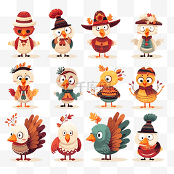 感恩节人物卡通图片_可爱的感恩节人物和火鸡矢量集合