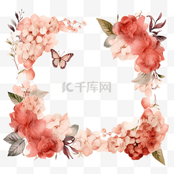 方形拉米与花朵和蝴蝶水彩插图