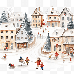 冬季玩耍男孩图片_舒适的圣诞小镇下雪天，孩子们冬