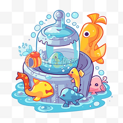 卡通可爱的鱼喷泉有很多鱼剪贴画
