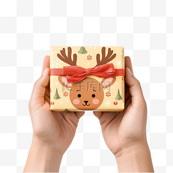 拿着可爱驯鹿装饰圣诞礼物的人的