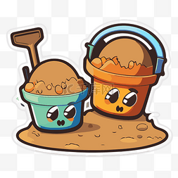 两个小水桶和一把铲子坐在沙剪贴