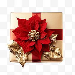 金色礼物和红色圣诞花一品红贺卡