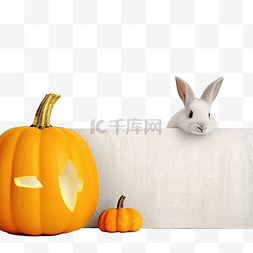 石墙木板上的白兔和黄色南瓜万圣