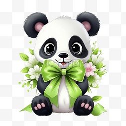 可爱的熊猫，鲜花和绿色蝴蝶结