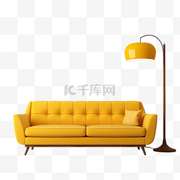长椅装饰图片_中世纪黄色沙发，配有枕头地毯和