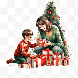 妈妈和儿子把圣诞礼品盒放在圣诞