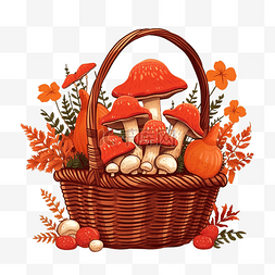 蘑菇菌图片_秋季篮子，配有成熟的红飞木耳，