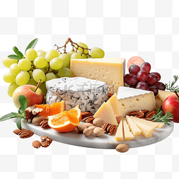 灰桌上的各种奶酪和水果