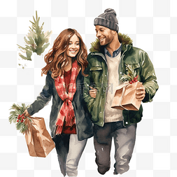 幸福的夫妇购买和持有圣诞树和礼