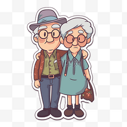 卡通老年夫妇图片_一对老年夫妇贴纸，带有卡通插图