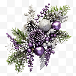 圣诞绿化，配有银色闪光锥体和紫
