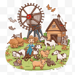 农业剪贴画插画家与农场动物和风