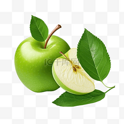 切片苹果图片_带有绿叶和切片的苹果的图像