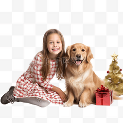 两个女孩和狗躺在圣诞树前