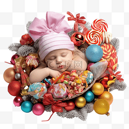 睡眠图片_新生女婴睡在圣诞树下，手里拿着