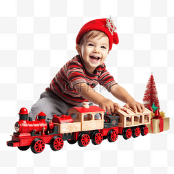 小男孩躺着玩玩具圣诞蒸汽火车