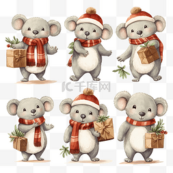 礼品盒和图片_可爱的考拉圣诞人物系列，戴着帽