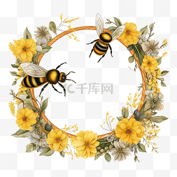森林圆框图片_蜜蜂和花卉圆框彩色png插图
