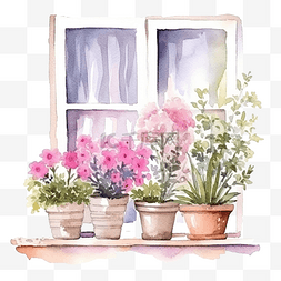 水彩插图花盆和窗户