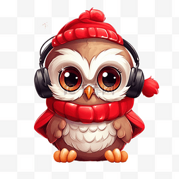 圣诞围巾插画图片_可爱的猫头鹰，带耳罩和红头巾可