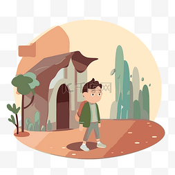 樹平面圖图片_男孩在房子附近散步的隔离剪贴画