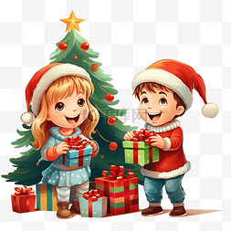 快乐的孩子们在圣诞树附近玩得开