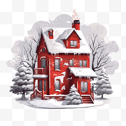 雪雪房子图片_红房子冬天png插图