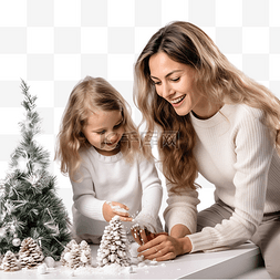 妈妈带着小女儿装饰圣诞树，玩得