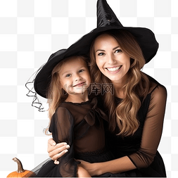 快乐的母亲和她的女儿穿着女巫服