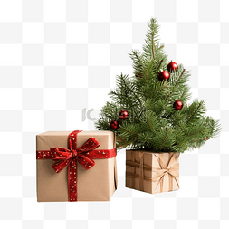 圣诞节与杉树和木桌上的礼品盒