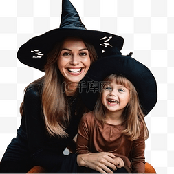 妈妈和女儿穿着服装，戴着女巫帽
