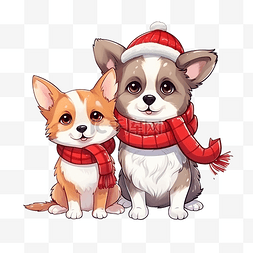 圣诞可爱的狗和猫，戴着围巾和树