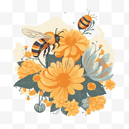 橙色矢量插画图片_授粉剪贴画黄色和橙色蜜蜂与花朵