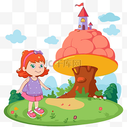 后面图片_来剪贴画小女孩在一个小蘑菇前面