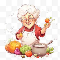 有趣的奶奶拿着一锅美味的汤，里