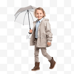 带着外套和雨伞走路的孩子