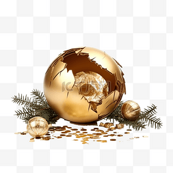 破碎硬币图片_破碎的金色圣诞球，里面装满了硬