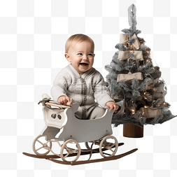 有趣的婴儿坐在雪橇和圣诞树上，