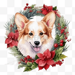 圣诞花环装饰和柯基犬手绘